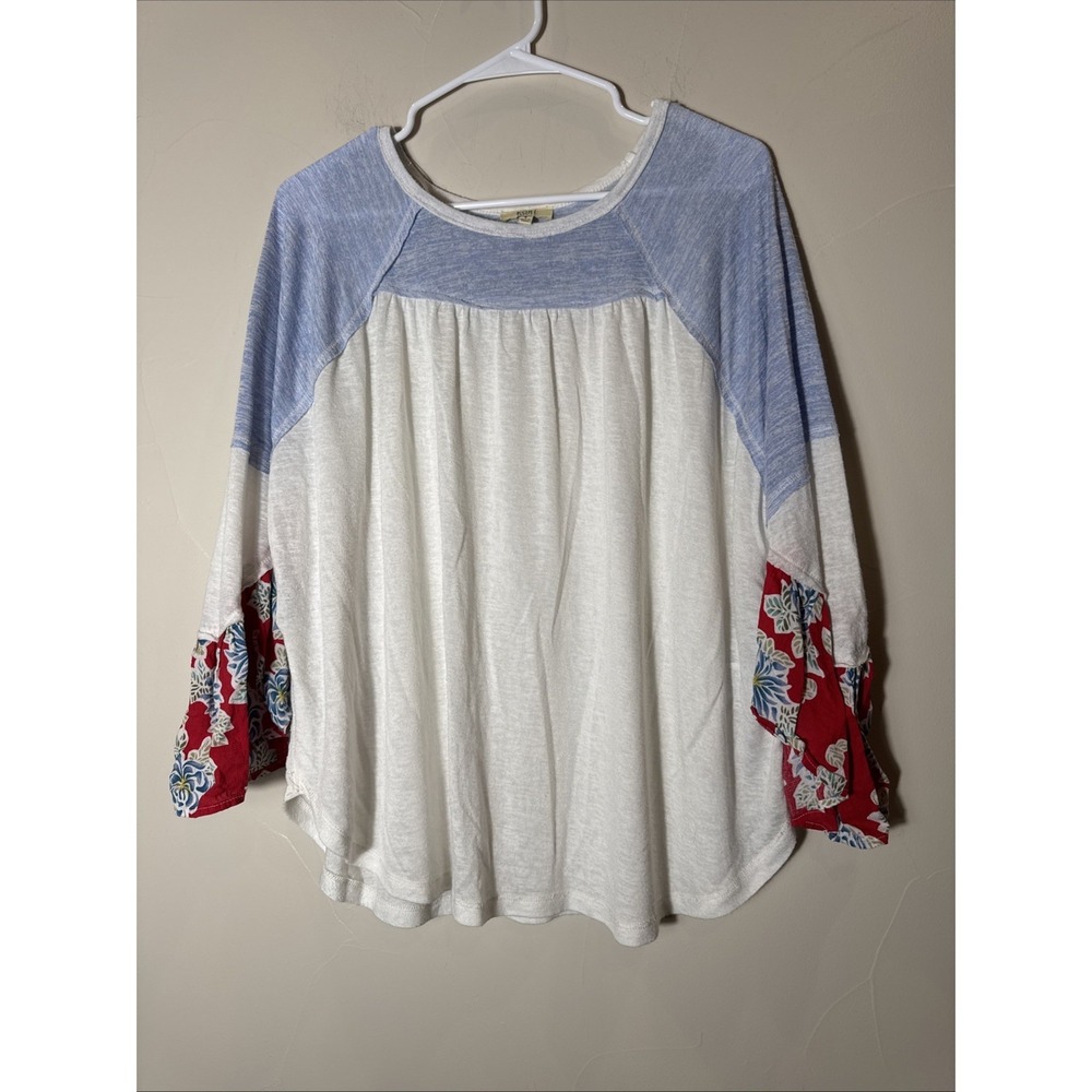 Kori America Womens Top Sm White W/ Red Floral Boho Flare Sleeves